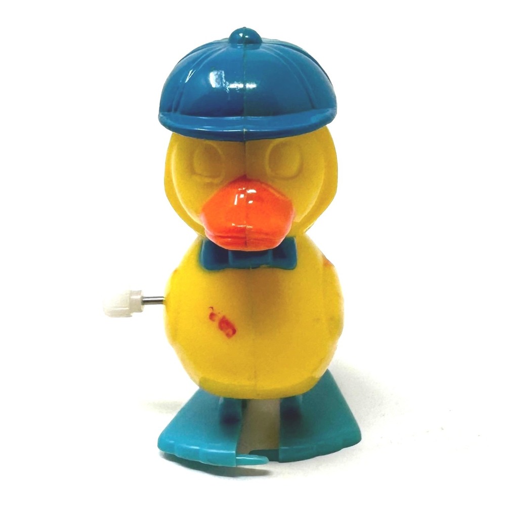 Vintage Wind Up Duck Toy Yellow Plastic Blue Hat Walking Mechanical Novelty Y2K